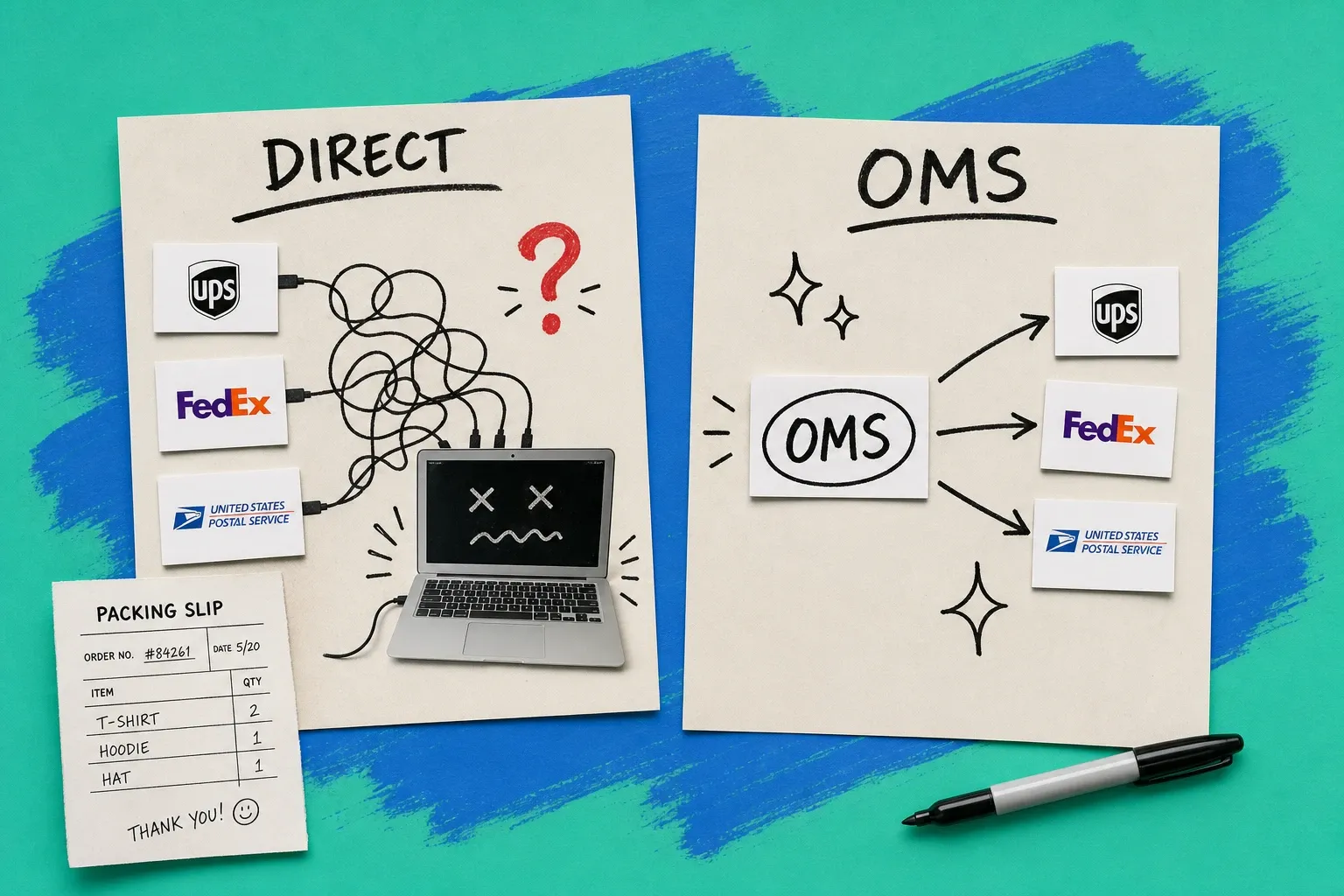 Side-by-side comparison of three separate carrier API stacks versus one OMS connector feeding UPS FedEx and USPS