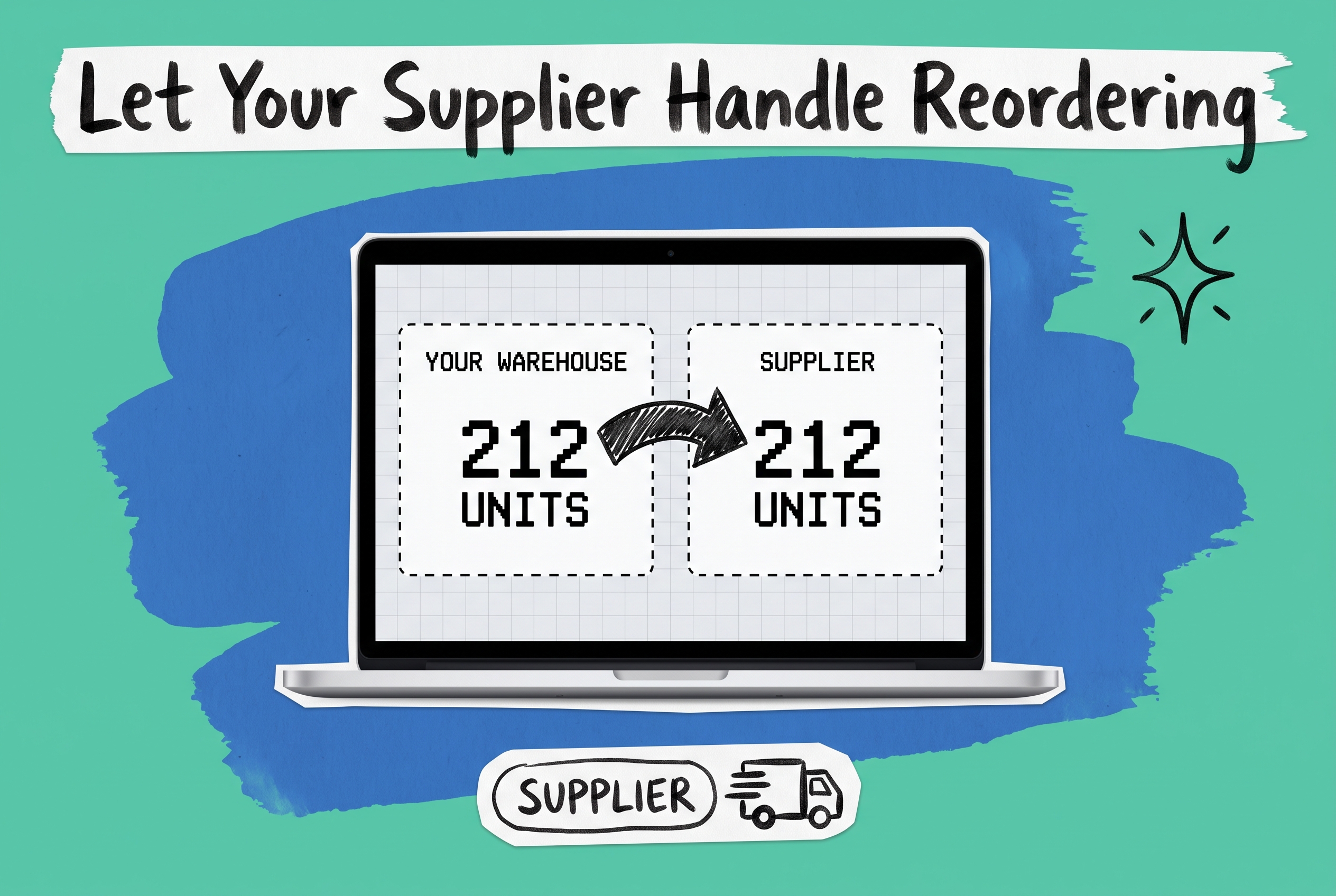 VMI dashboard on a laptop showing matching 212-unit stock counts for warehouse and supplier panels, connected by an arrow, with a supplier shipping icon below