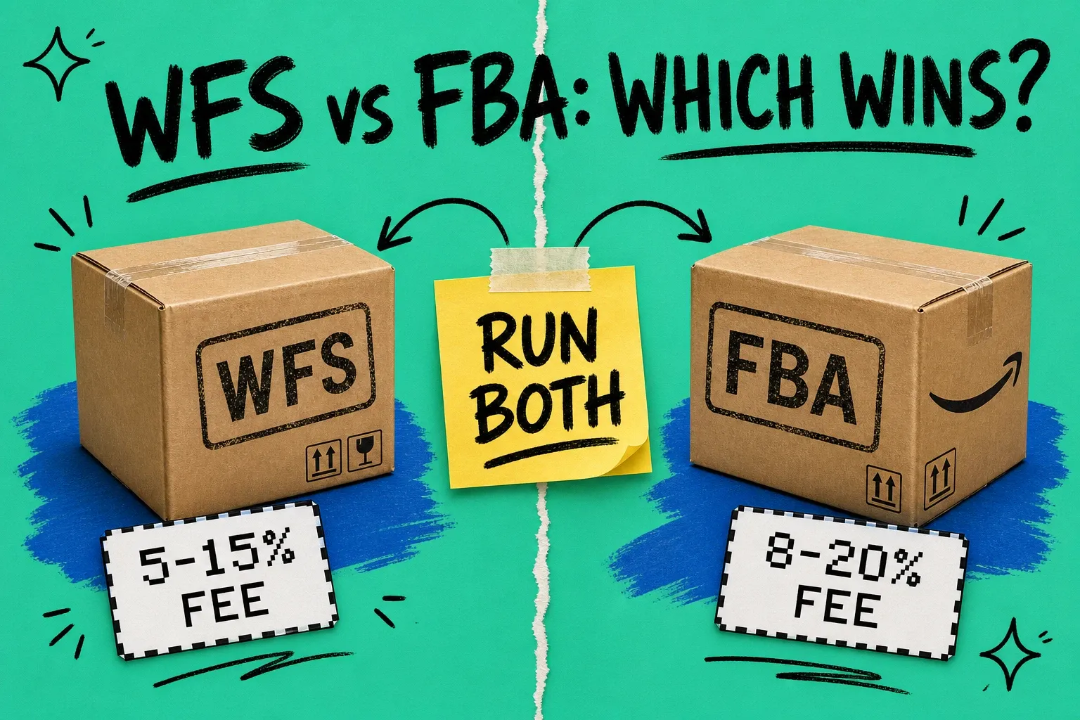 Split-screen tablet comparing Walmart WFS and Amazon FBA fulfillment on a teal background with shipping boxes, fee tags, and hand-drawn arrows