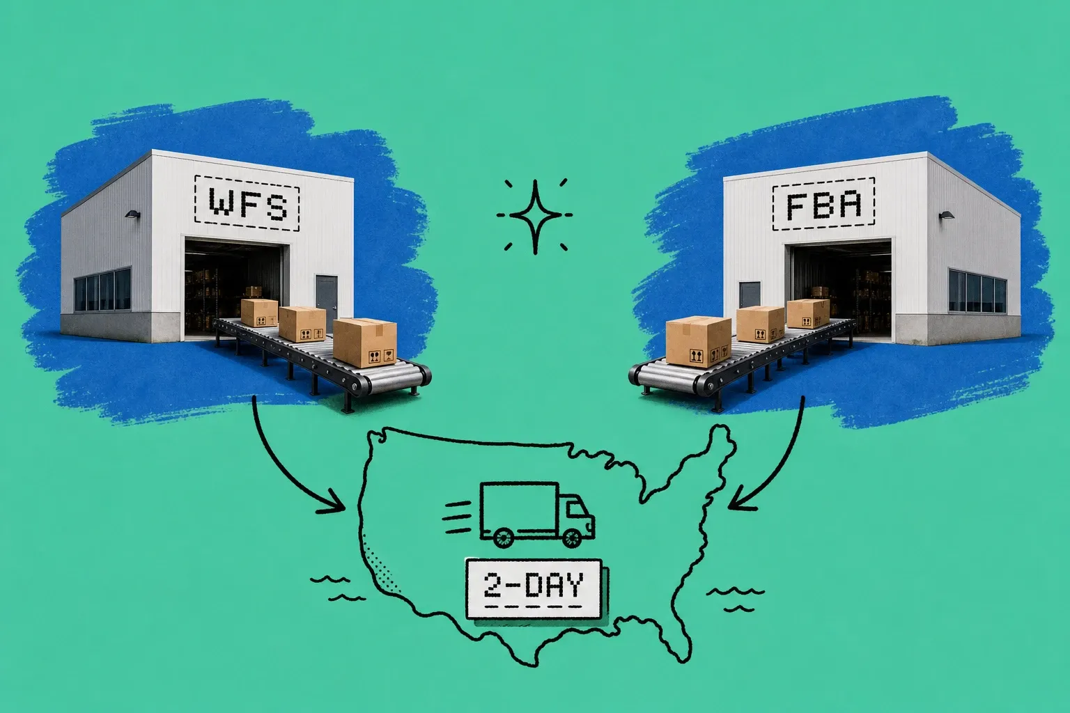 Two fulfillment center outlines side by side, one labeled Walmart WFS and one labeled Amazon FBA, with conveyor belts, delivery trucks, and a hand-drawn map showing US two-day delivery coverage