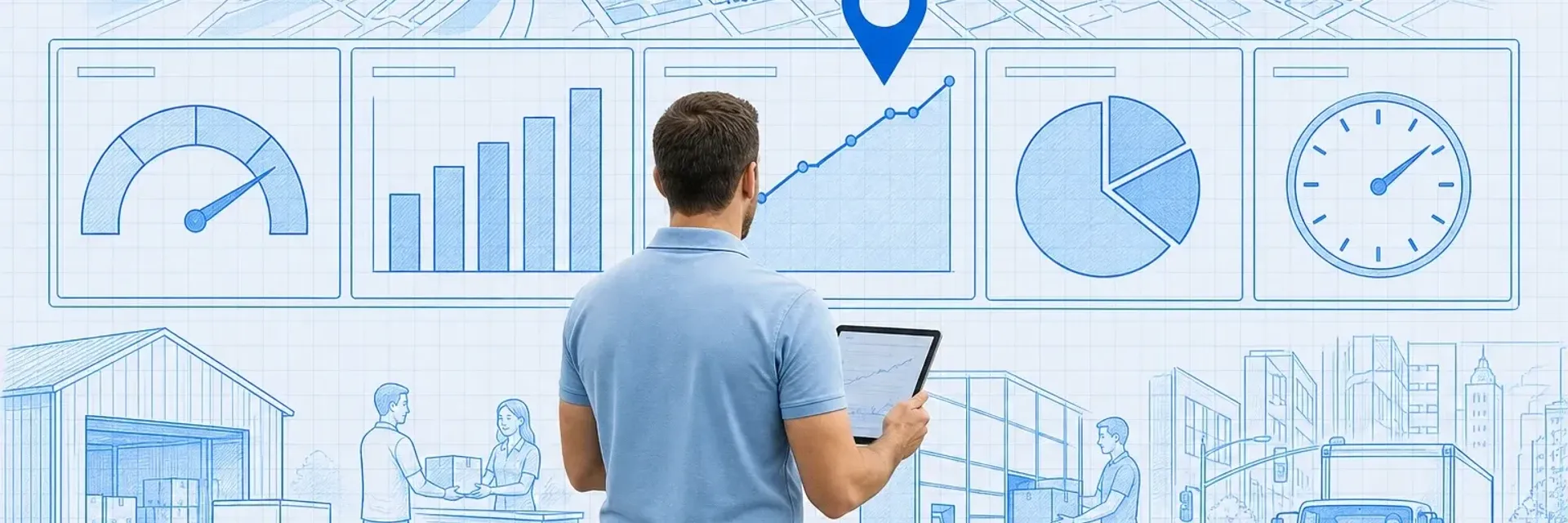 Operations manager with a tablet facing a blueprint dashboard wall of five metric tiles — a gauge, bar chart, rising line chart marked by a cyan pin, pie chart, and clock — over a blueprint city map with warehouse, dock, and delivery-truck scenes below