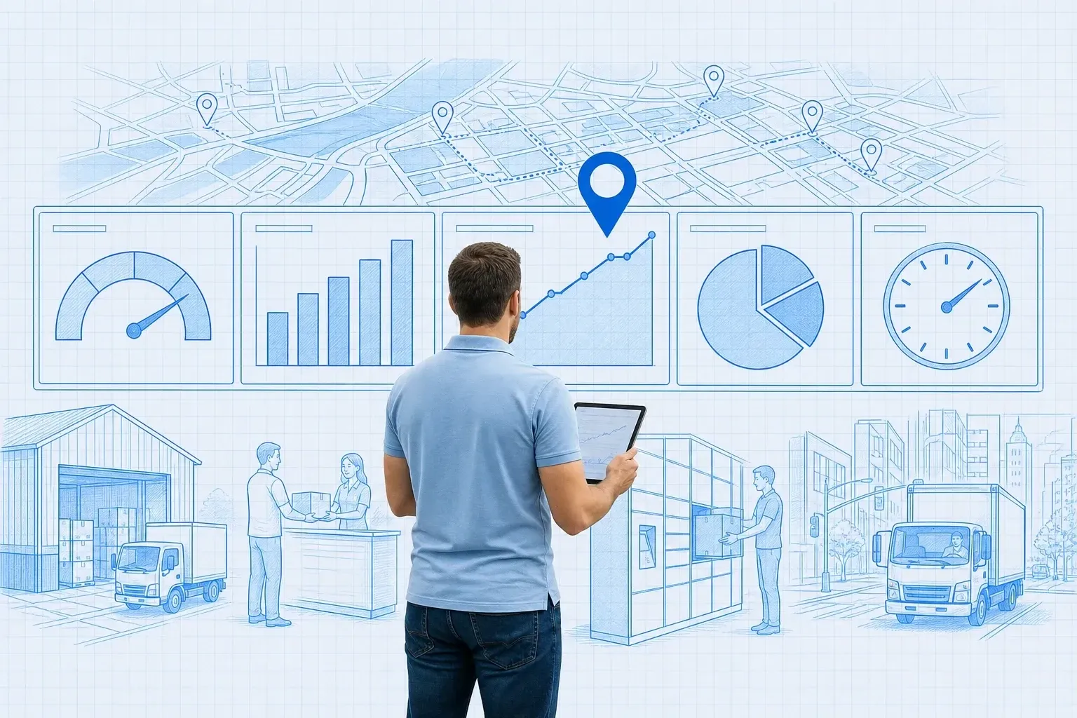 Operations manager with a tablet facing a blueprint dashboard wall of five metric tiles — a gauge, bar chart, rising line chart marked by a cyan pin, pie chart, and clock — over a blueprint city map with warehouse, dock, and delivery-truck scenes below