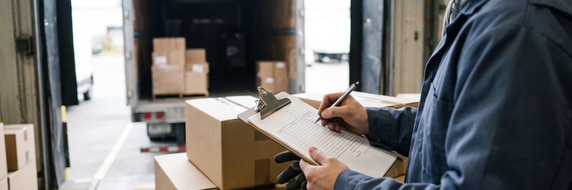 A warehouse worker in a navy jacket and black gloves writes on a paper form clipped to a clipboard resting on stacked cardboard cartons, standing just inside an open dock door with a part-loaded box truck backed up to it.