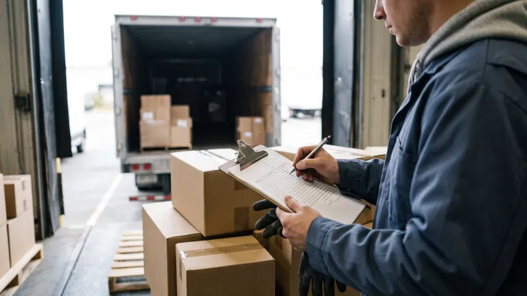 A warehouse worker in a navy jacket and black gloves writes on a paper form clipped to a clipboard resting on stacked cardboard cartons, standing just inside an open dock door with a part-loaded box truck backed up to it.