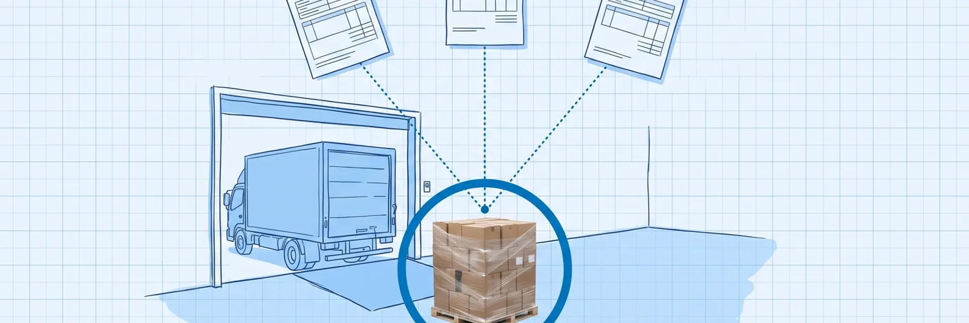 Hand-drawn blue blueprint of a delivery truck at an inbound dock door, with three drawn documents above linked by dotted lines to a photoreal stretch-wrapped pallet of cartons inside a dark blue ring