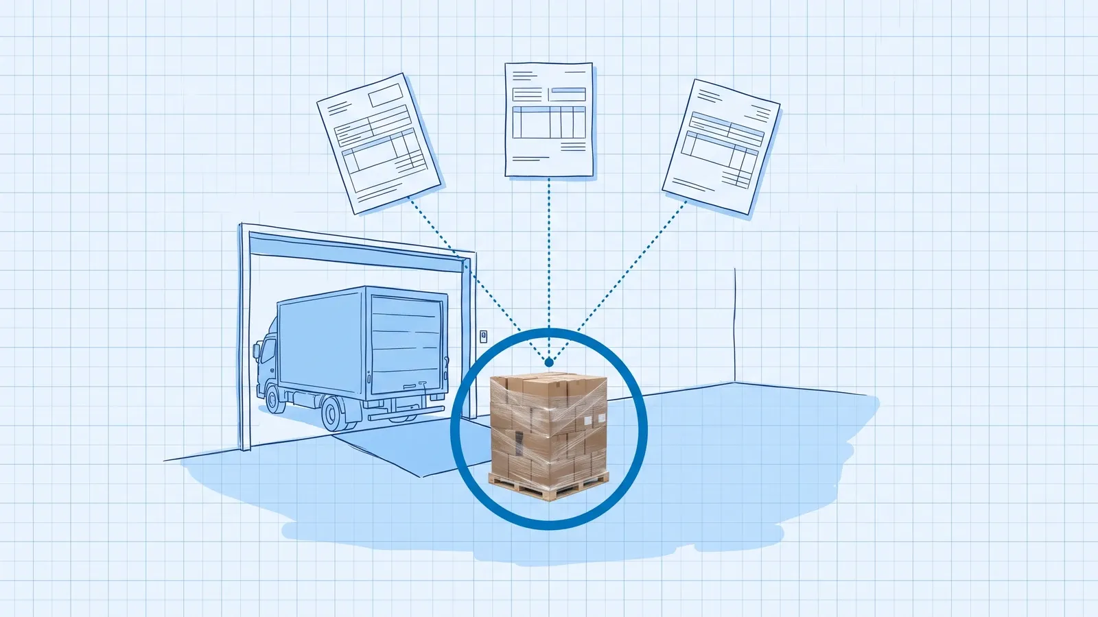 Hand-drawn blue blueprint of a delivery truck at an inbound dock door, with three drawn documents above linked by dotted lines to a photoreal stretch-wrapped pallet of cartons inside a dark blue ring