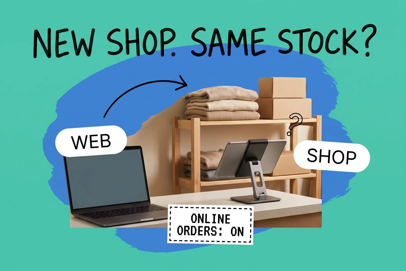 Opening a first shop as an online brand — a shop counter with a laptop and a tablet register in front of a shelf of folded sweaters and boxes, tagged WEB and SHOP, under the headline New shop. Same stock?, with a card reading Online orders: on
