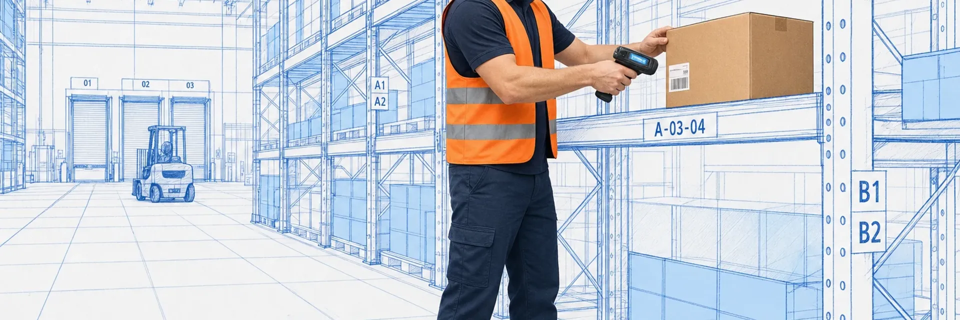 Warehouse operator using a handheld scanner directed by a WMS in a large fulfillment center with labeled bin locations drawn in blueprint style
