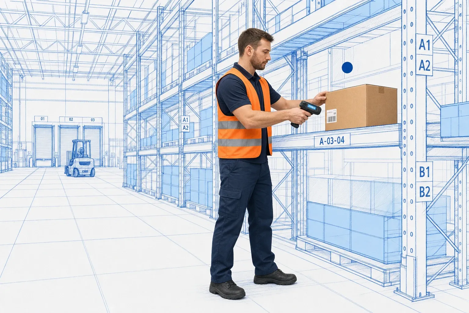Warehouse operator using a handheld scanner directed by a WMS in a large fulfillment center with labeled bin locations drawn in blueprint style