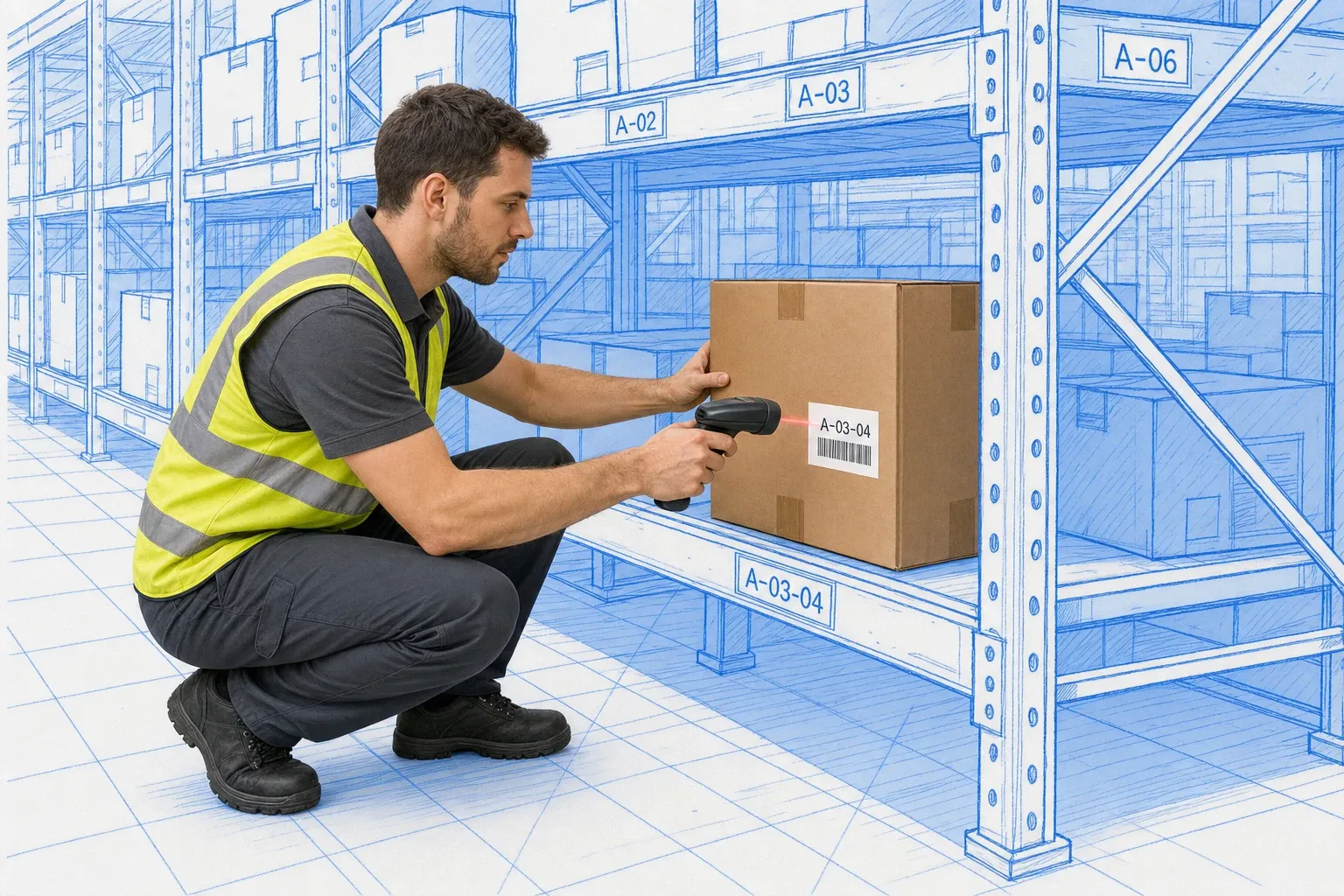 Warehouse bin location grid with labeled shelf racks and a worker scanner confirming inventory in Blueprint Reality style