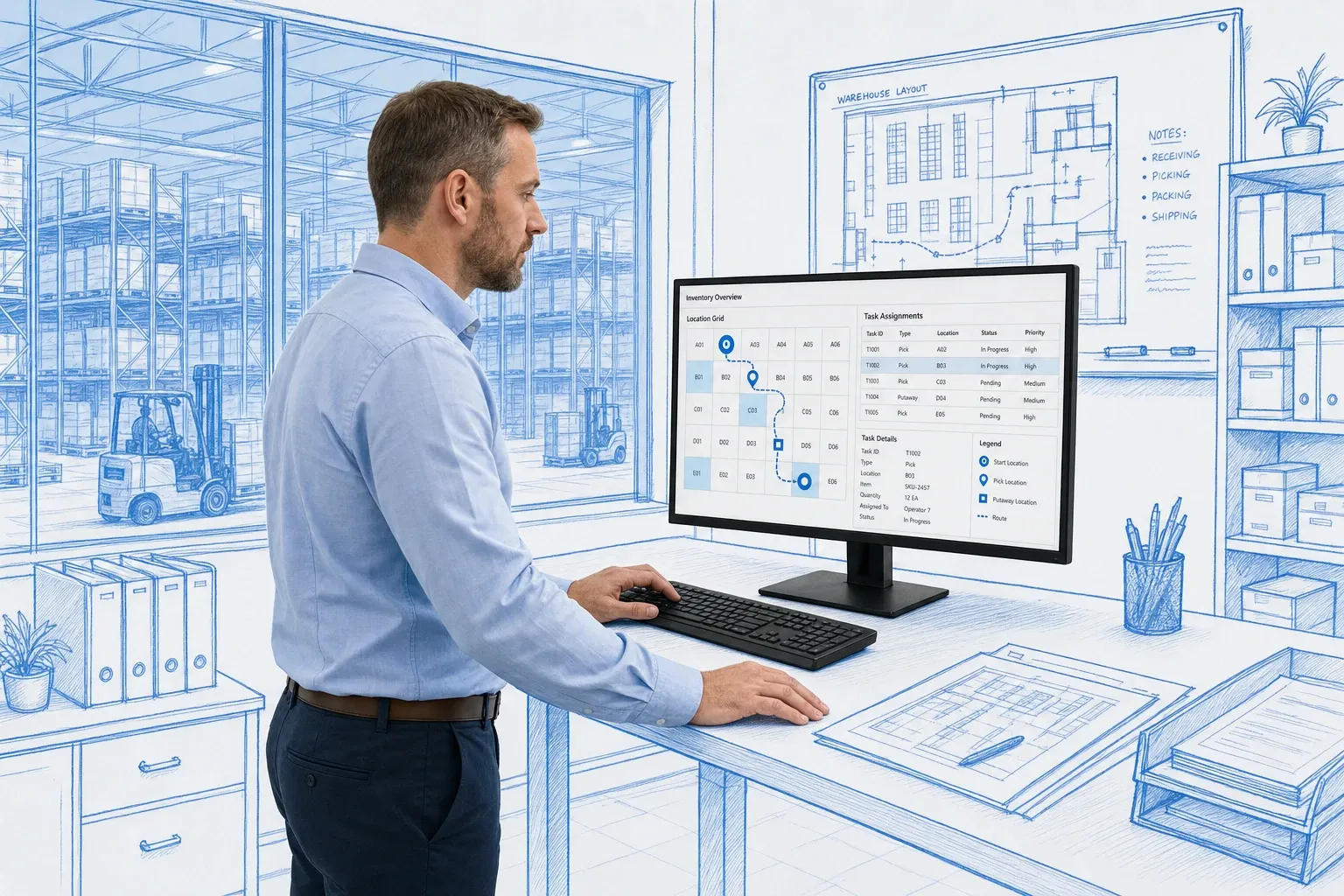 Operations manager reviewing real-time WMS dashboard with inventory movements and fulfillment metrics in blueprint-style control center