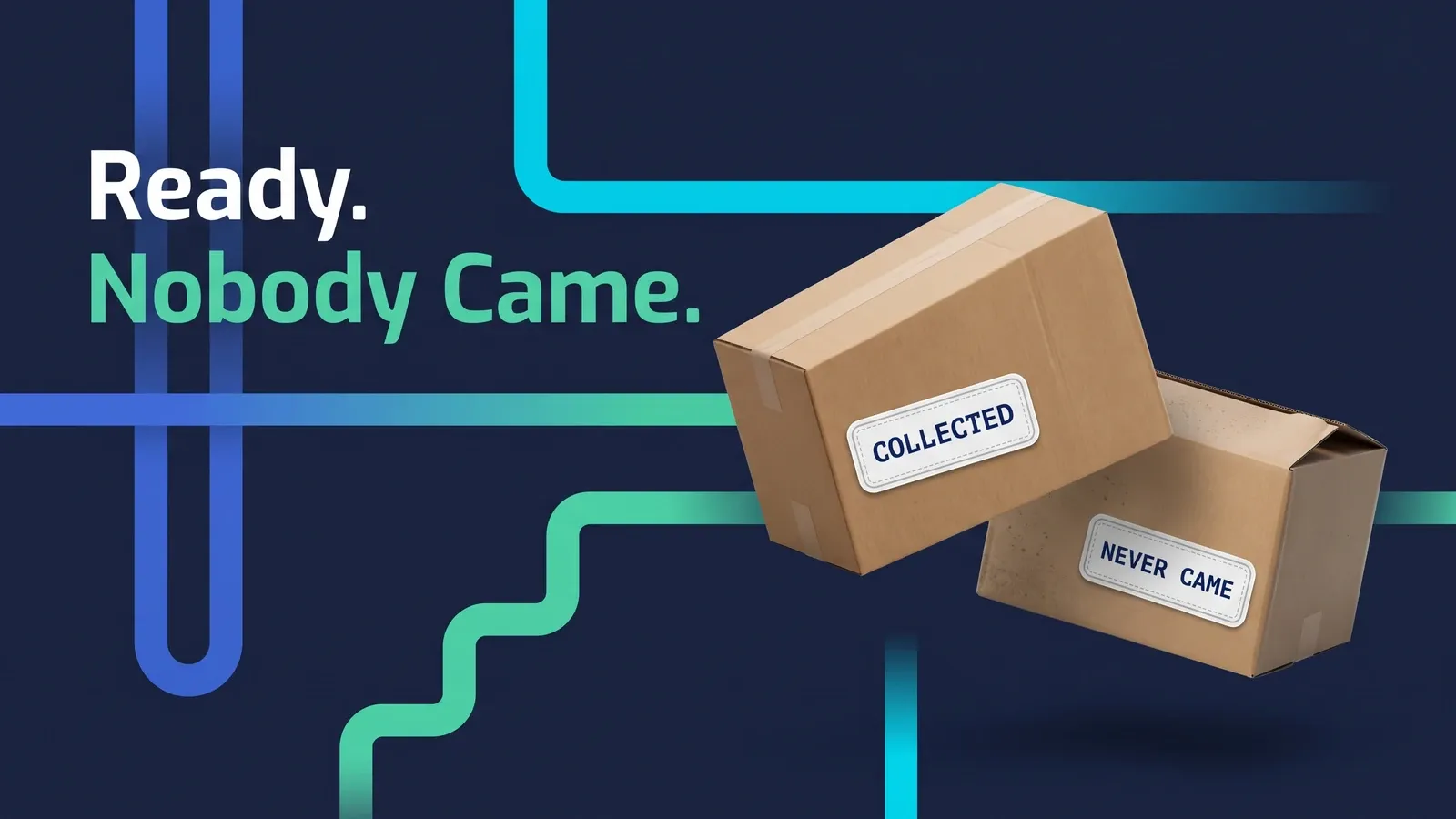 A dark navy graphic headed Ready. Nobody Came., the second line in mint green, beside two kraft cardboard parcels floating over thick blue and green circuit-style lines - the upper parcel sealed and labelled COLLECTED, the lower one open and empty and labelled NEVER CAME.