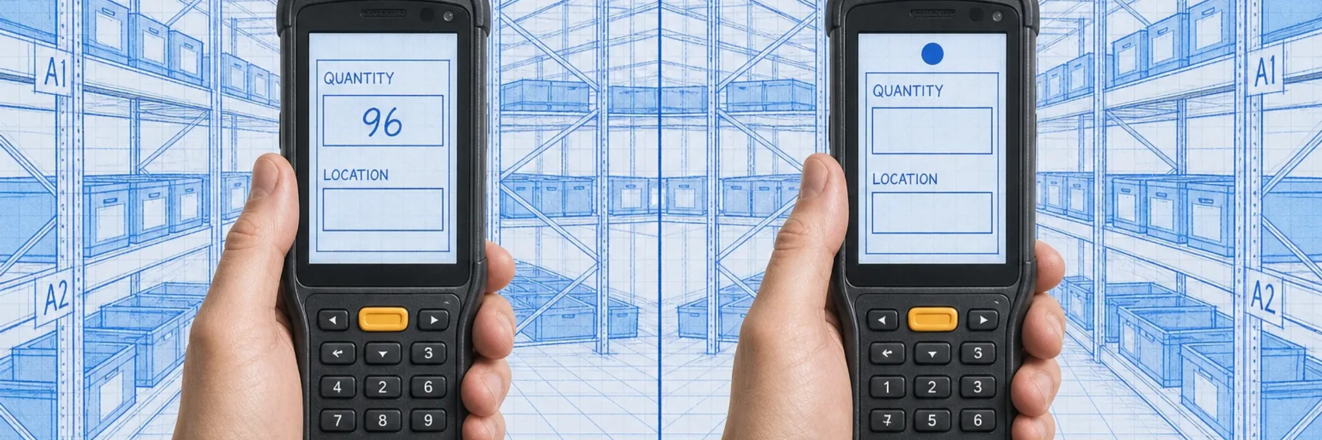 Split warehouse scene comparing an open count with a visible system quantity against a blind count with a blank quantity field on a handheld scanner