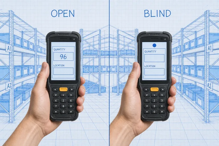 Split warehouse scene comparing an open count with a visible system quantity against a blind count with a blank quantity field on a handheld scanner