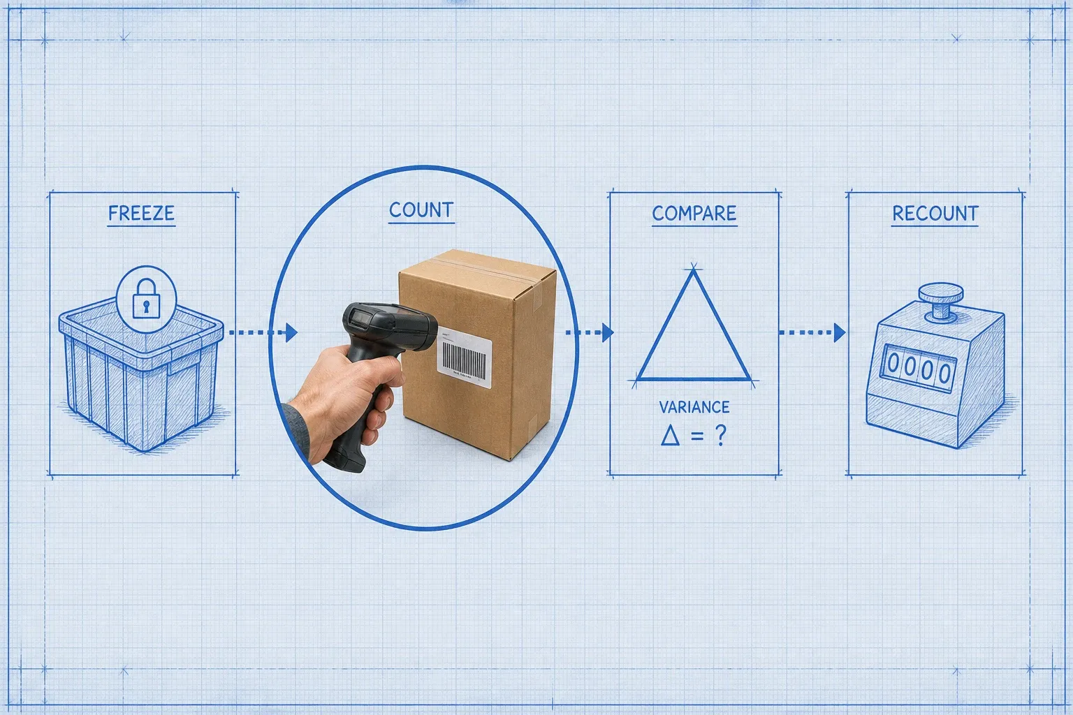 Blueprint process flow of freeze, blind count, compare, and recount with a photoreal hand scanning a carton at the count stage
