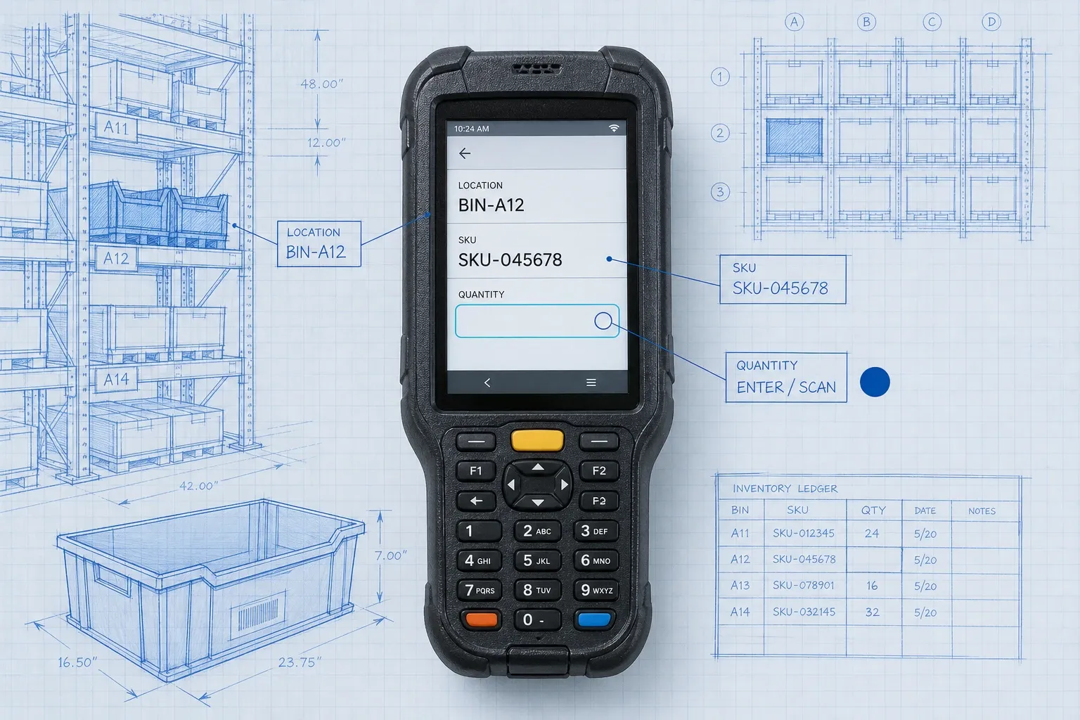 Macro photoreal handheld scanner on a blueprint backdrop with location and SKU visible but the quantity field blank