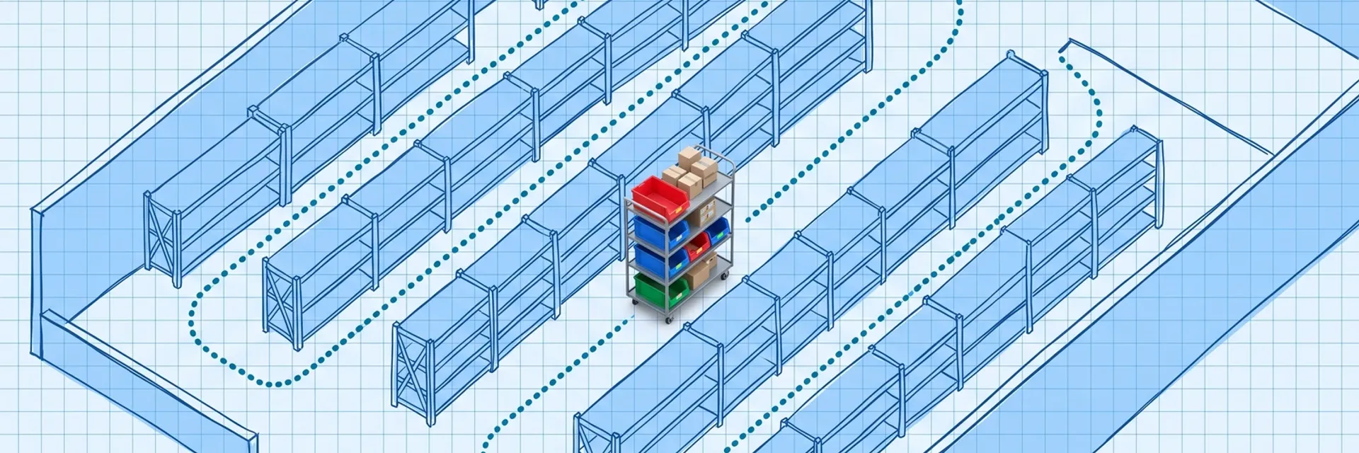Hand-drawn blue blueprint floor plan of warehouse shelving rows seen from above, with a dotted route snaking up and down the aisles; a photoreal picking cart loaded with colored totes and cartons sits partway along the path