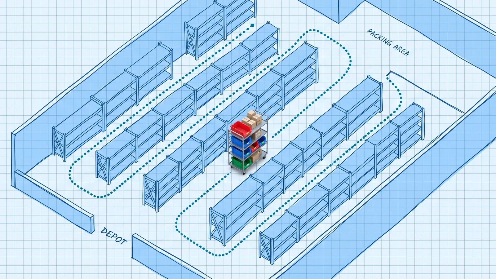 Hand-drawn blue blueprint floor plan of warehouse shelving rows seen from above, with a dotted route snaking up and down the aisles; a photoreal picking cart loaded with colored totes and cartons sits partway along the path