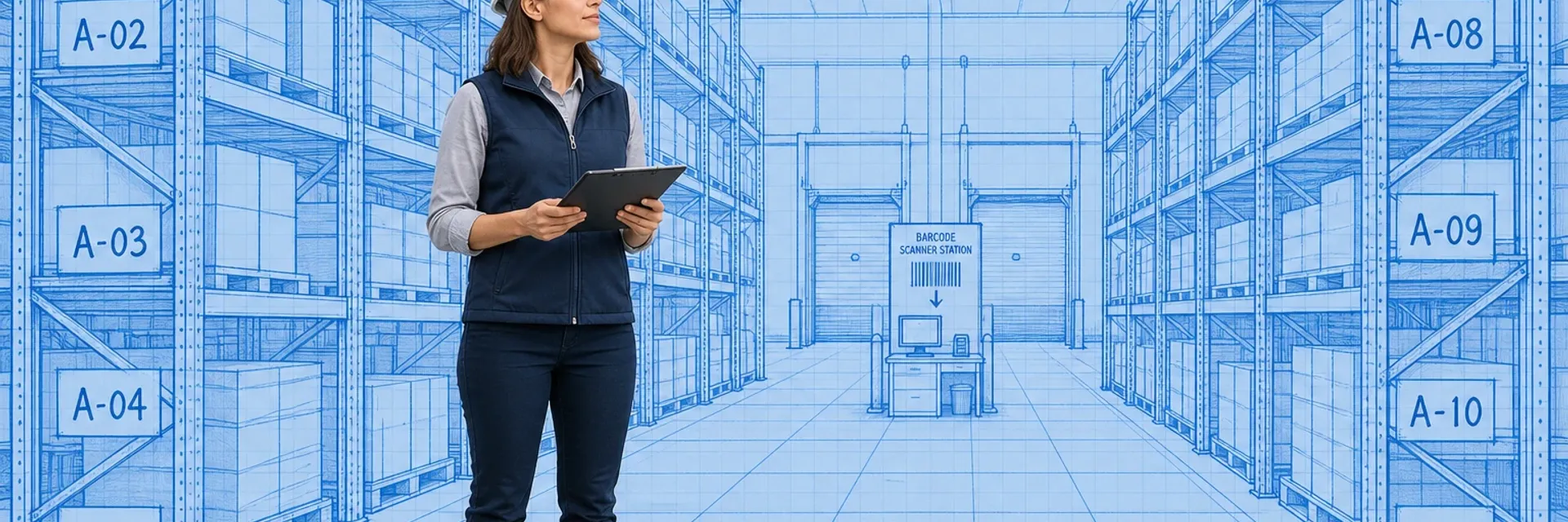 Warehouse operations manager walking a blueprint-style warehouse aisle flanked by labeled pallet racking systems
