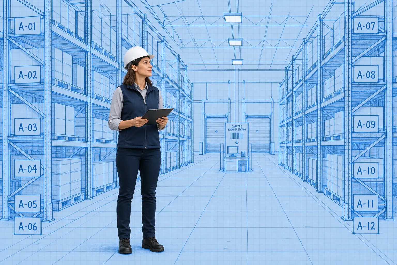 Warehouse operations manager walking a blueprint-style warehouse aisle flanked by labeled pallet racking systems