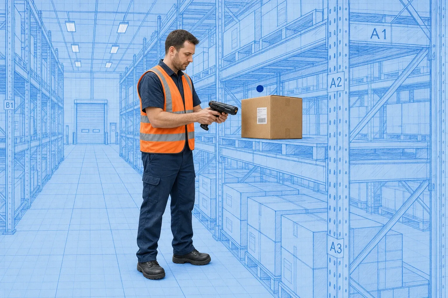 Warehouse worker using a handheld barcode scanner to scan inventory on a shelving system inside a blueprint-style industrial facility