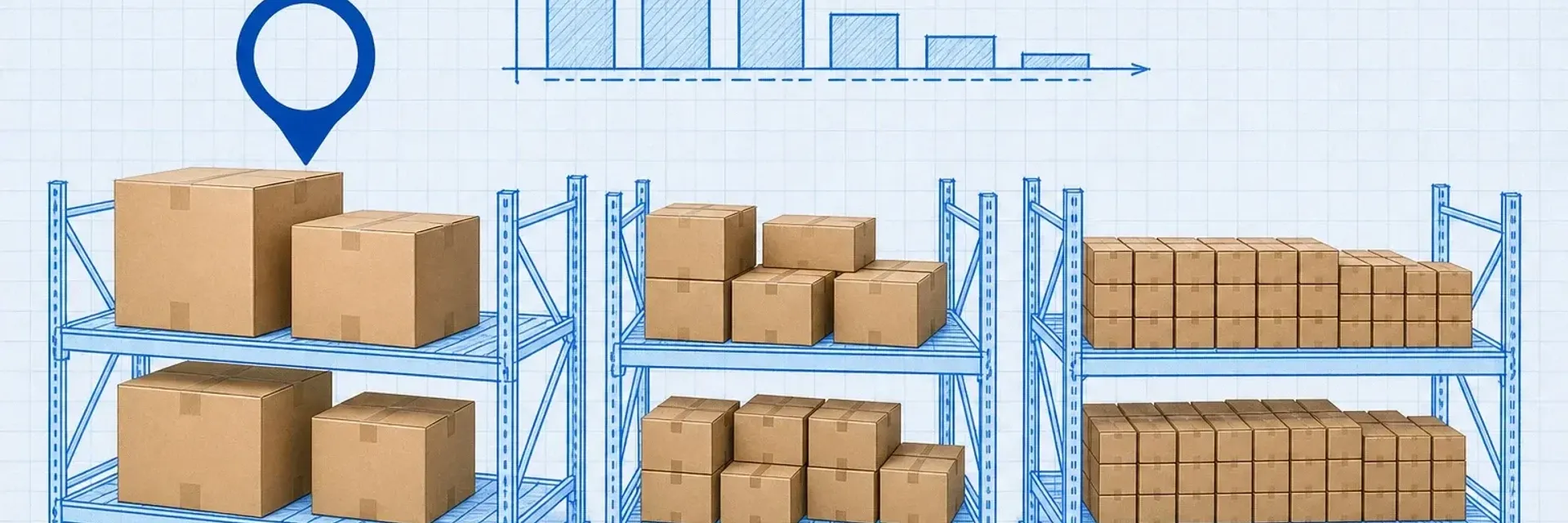 Three blueprint shelf blocks labeled A, B, and C holding real cardboard boxes — a few large boxes under A marked with a cyan pin, a moderate amount under B, and many small boxes under C — beneath a blueprint Pareto bar chart on pale-blue grid paper