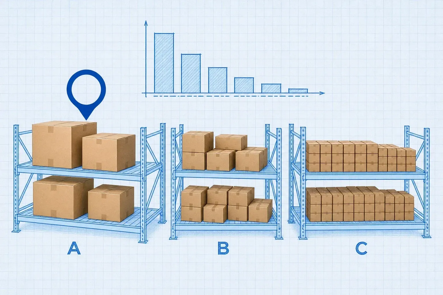Three blueprint shelf blocks labeled A, B, and C holding real cardboard boxes — a few large boxes under A marked with a cyan pin, a moderate amount under B, and many small boxes under C — beneath a blueprint Pareto bar chart on pale-blue grid paper