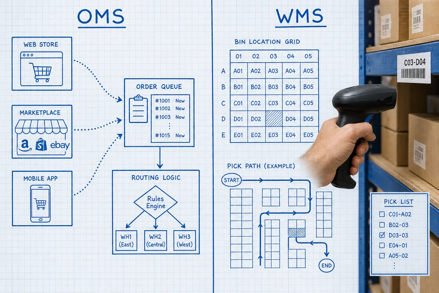 Isometric split panel showing OMS order routing functions on the left and WMS warehouse floor execution on the right, on pale blueprint grid paper