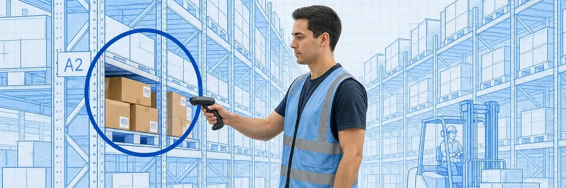 Warehouse operator in a safety vest scanning cardboard boxes in one shelf bay circled by a cyan ring marker, inside blueprint racking labeled A1, A2, A3 with a blueprint forklift in the distance on pale-blue grid paper