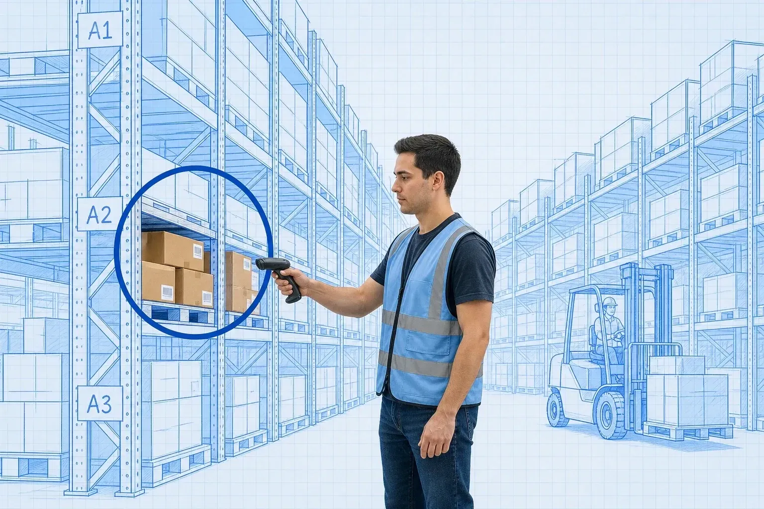 Warehouse operator in a safety vest scanning cardboard boxes in one shelf bay circled by a cyan ring marker, inside blueprint racking labeled A1, A2, A3 with a blueprint forklift in the distance on pale-blue grid paper