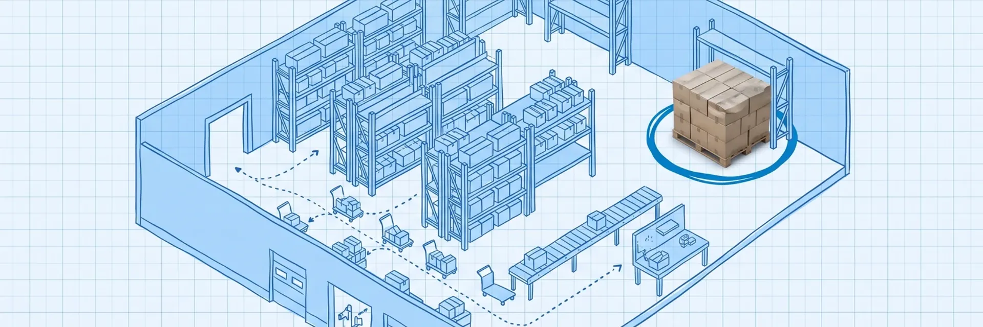 Dead stock in a warehouse — a hand-drawn blue blueprint of a warehouse in isometric cutaway, with racking, carts on dotted pick paths, a conveyor and a packing bench near the dock doors, and one photographed pallet of brown cartons in the far back corner, circled in deep blue, that no pick path reaches