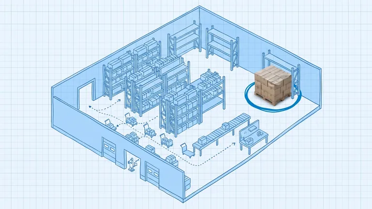 Dead stock in a warehouse — a hand-drawn blue blueprint of a warehouse in isometric cutaway, with racking, carts on dotted pick paths, a conveyor and a packing bench near the dock doors, and one photographed pallet of brown cartons in the far back corner, circled in deep blue, that no pick path reaches
