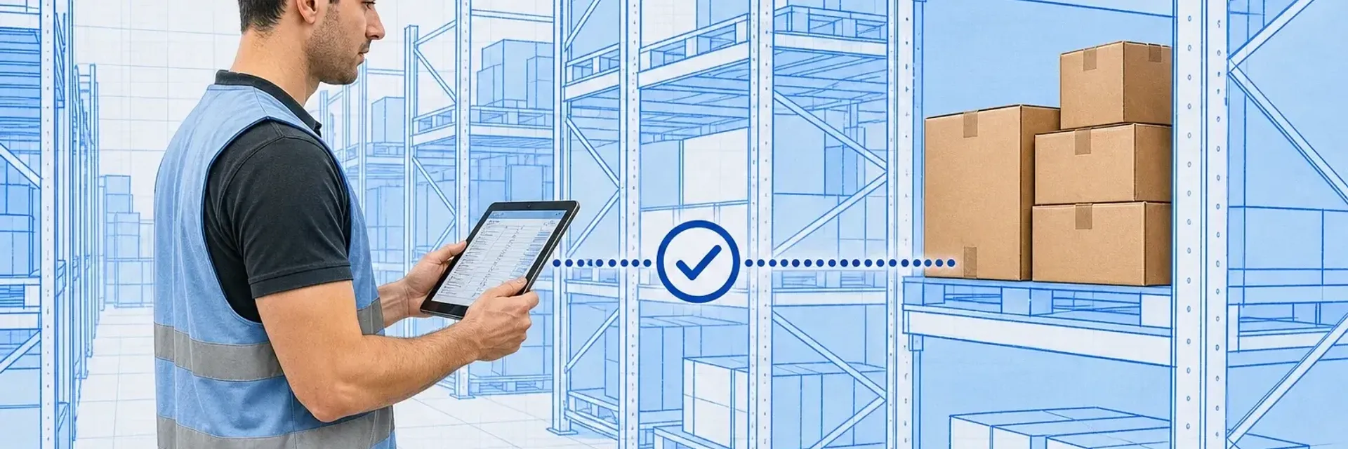 Warehouse operator holding a tablet on the left linked by a dotted connector with a cyan check-mark ring to a blueprint shelf bay of real cardboard boxes on the right, signaling system records match physical stock, in a blueprint warehouse on pale-blue grid paper