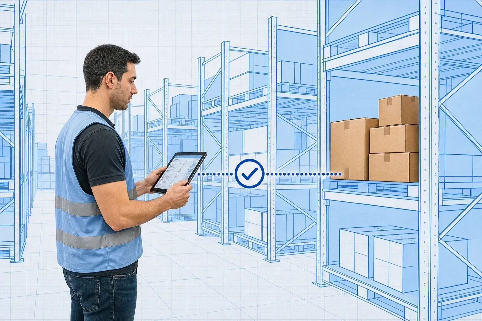 Warehouse operator holding a tablet on the left linked by a dotted connector with a cyan check-mark ring to a blueprint shelf bay of real cardboard boxes on the right, signaling system records match physical stock, in a blueprint warehouse on pale-blue grid paper