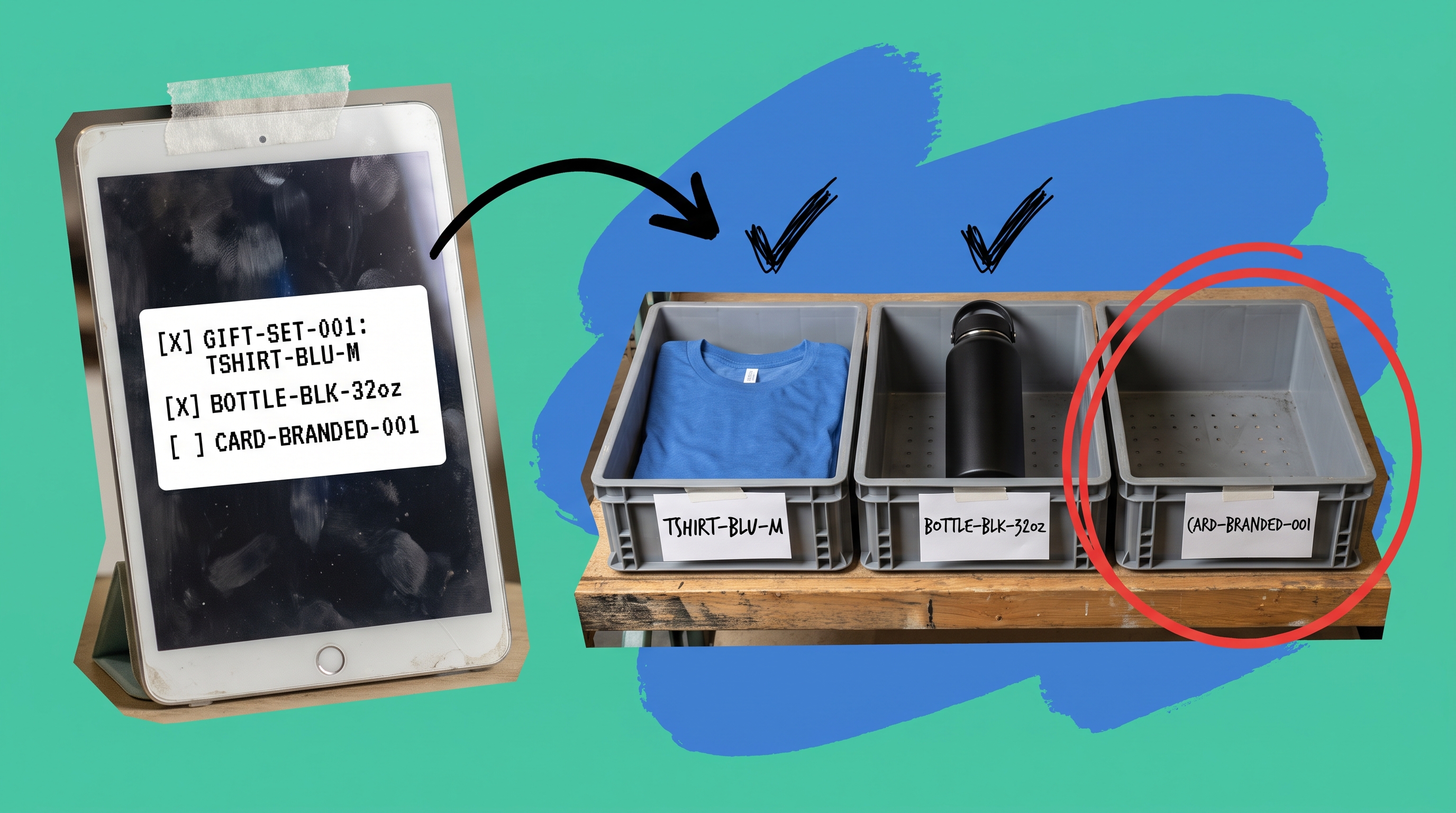 Tablet showing a bill-of-materials checklist for GIFT-SET-001 next to three labeled warehouse bins holding a folded t-shirt, a water bottle, and an empty bin circled in red for the missing branded card