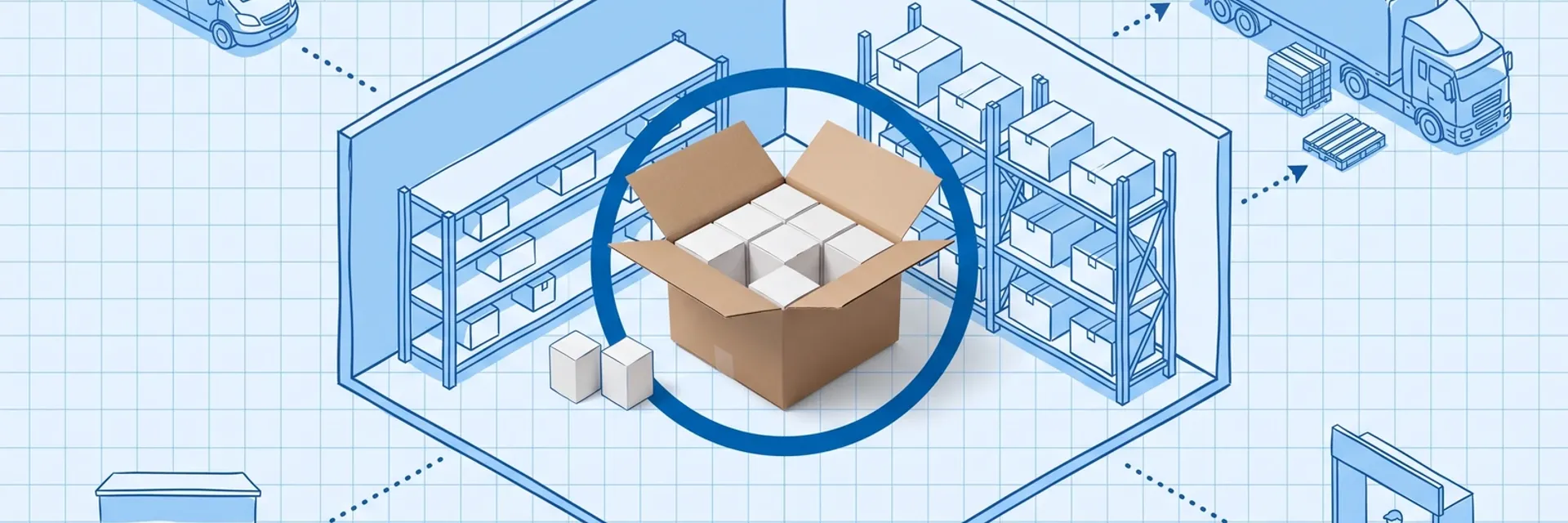 An opened brown shipping case of small white product boxes, two of them set beside it, inside a blue focus ring at the centre of a hand-drawn blueprint warehouse with shelving and pallet racking, with dotted routes out to a delivery van, a pallet trailer, a shopfront and a pickup counter