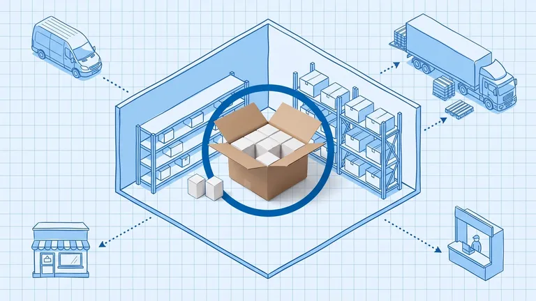 An opened brown shipping case of small white product boxes, two of them set beside it, inside a blue focus ring at the centre of a hand-drawn blueprint warehouse with shelving and pallet racking, with dotted routes out to a delivery van, a pallet trailer, a shopfront and a pickup counter