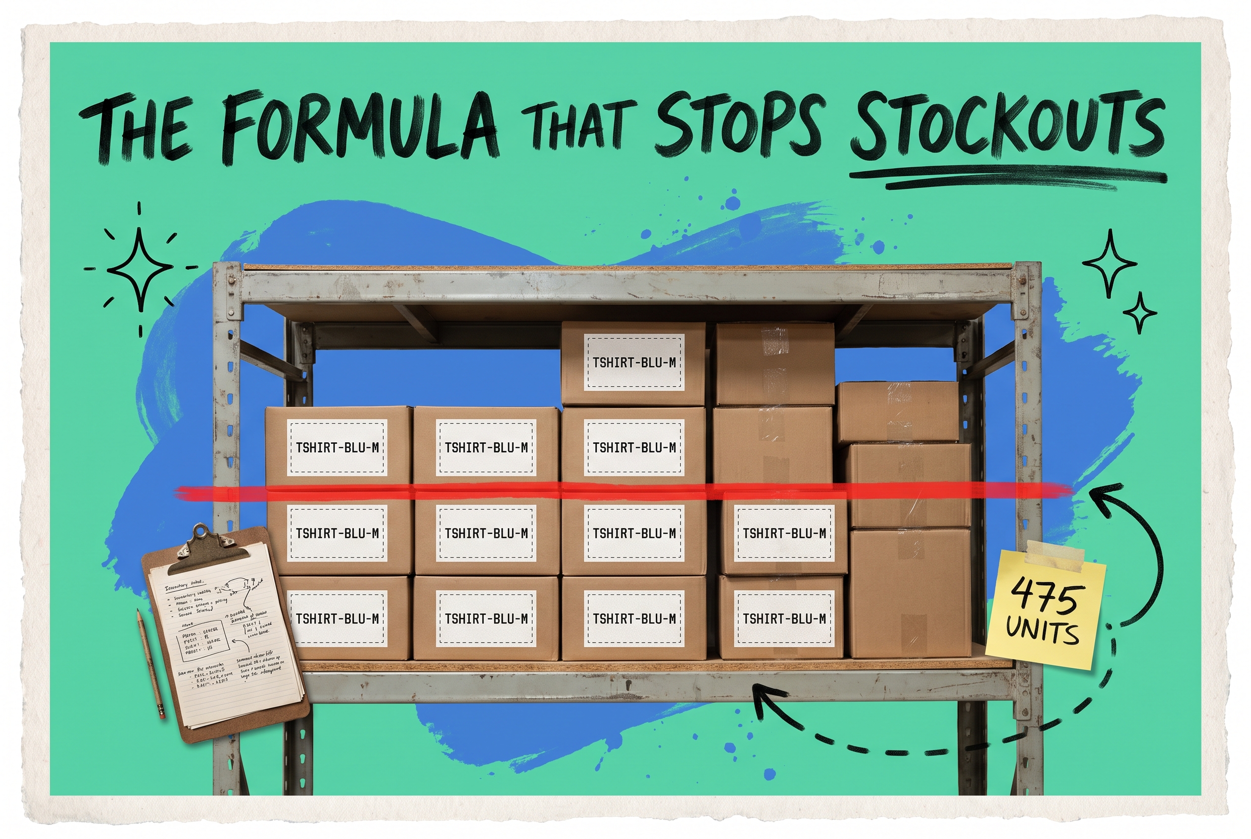 Warehouse shelf of TSHIRT-BLU-M boxes with a red reorder threshold line and a 475 units sticky note, illustrating the par level formula