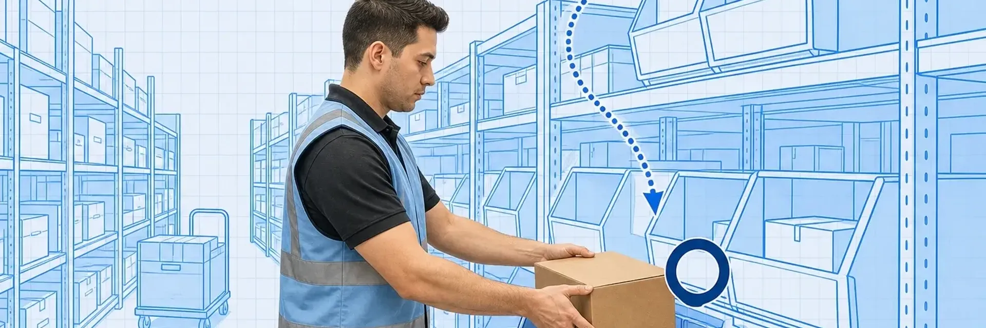 Warehouse operator in a safety vest placing a real cardboard box into an easy-to-reach waist-height front bin of a blueprint shelf, with a dotted blue arrow curving down from a high back bin and a cyan ring marking the golden-zone bin, on pale-blue grid paper