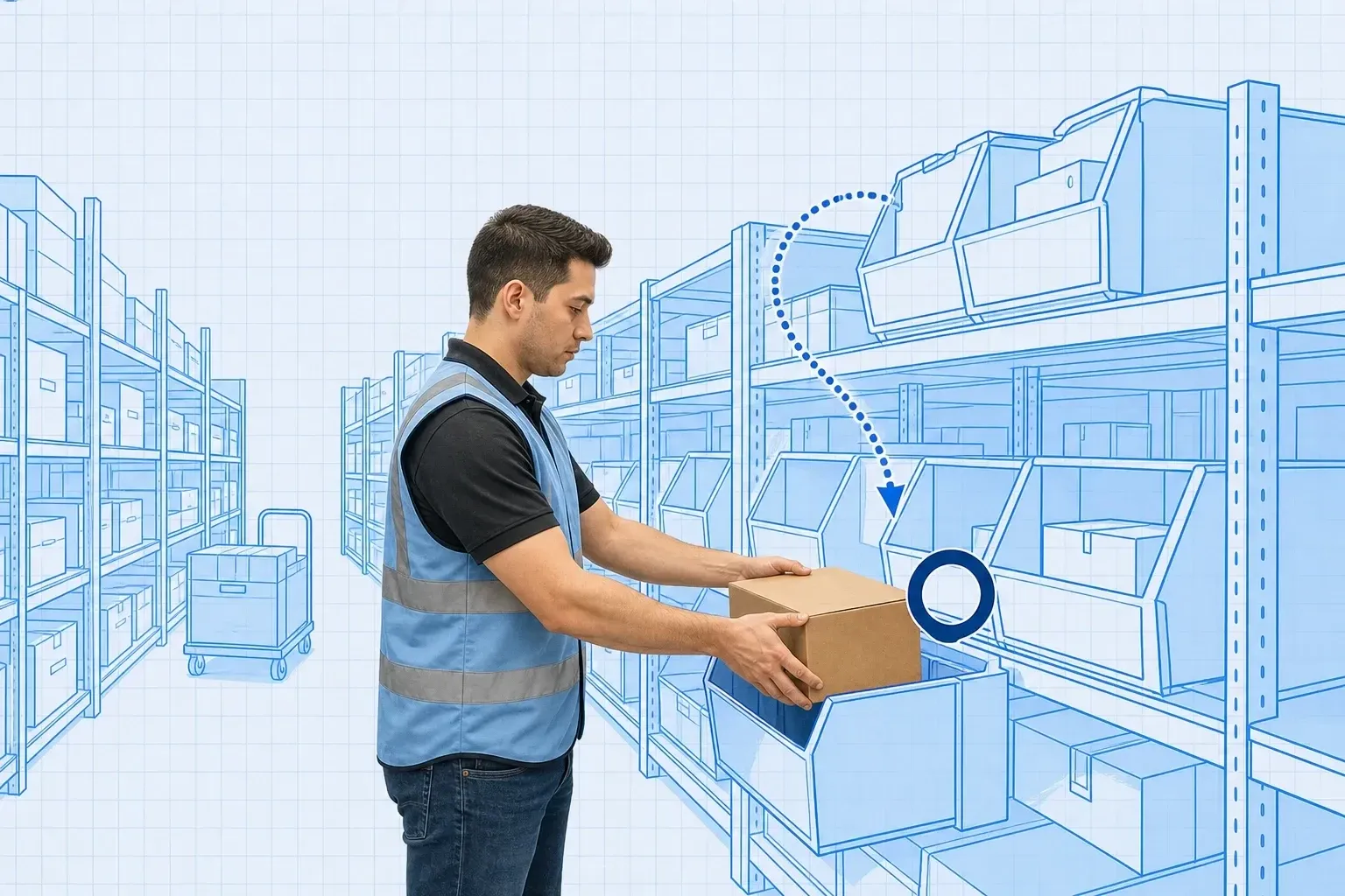 Warehouse operator in a safety vest placing a real cardboard box into an easy-to-reach waist-height front bin of a blueprint shelf, with a dotted blue arrow curving down from a high back bin and a cyan ring marking the golden-zone bin, on pale-blue grid paper