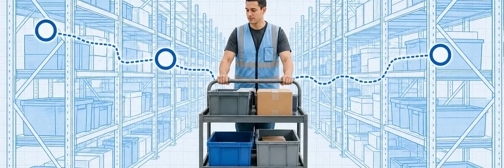 Order picker in a safety vest pushing a pick cart loaded with totes down a blueprint warehouse aisle, with a dotted blue route threading through several shelf bays tagged by three cyan ring markers as one grouped picking wave, on pale-blue grid paper