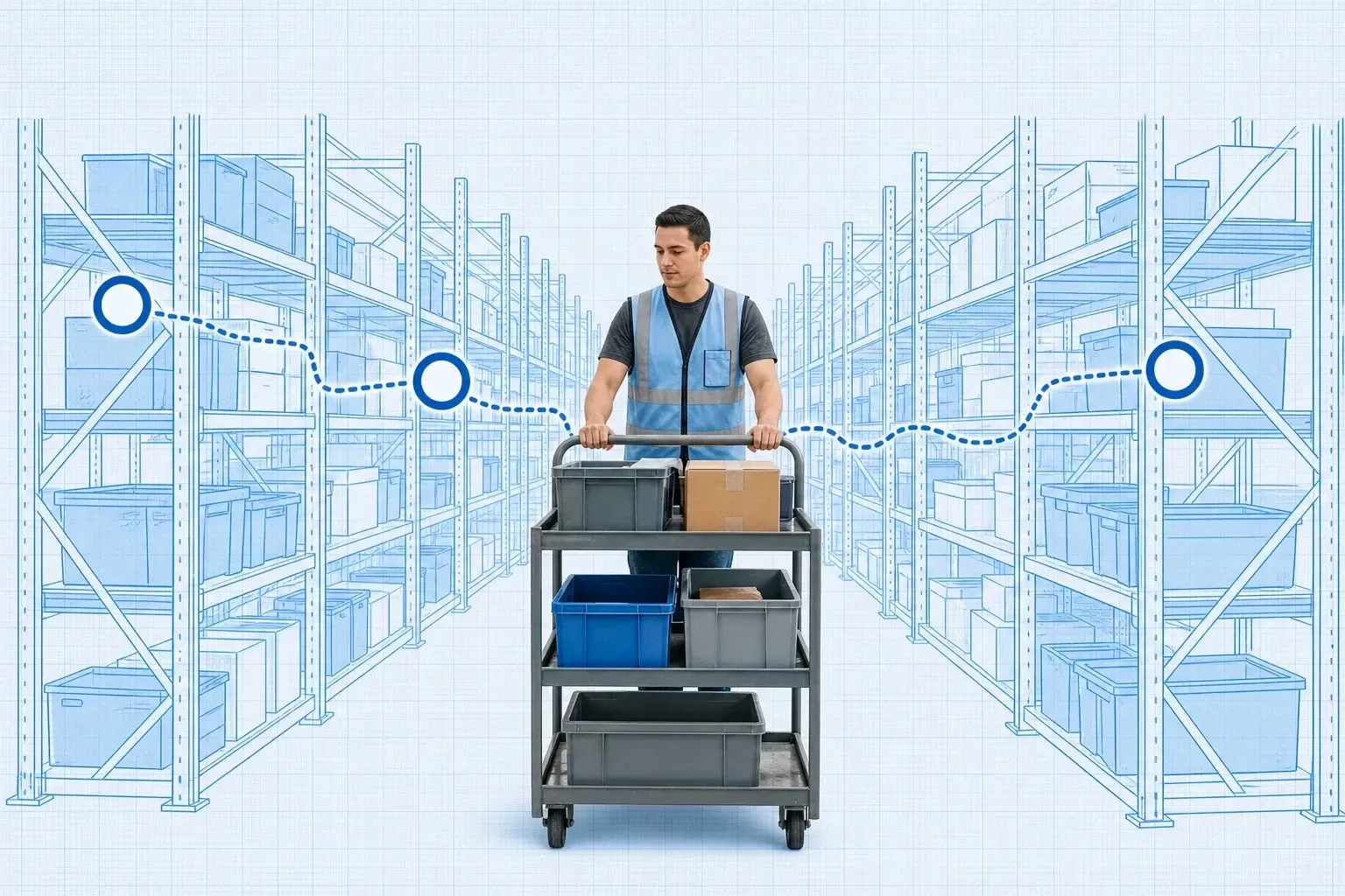Order picker in a safety vest pushing a pick cart loaded with totes down a blueprint warehouse aisle, with a dotted blue route threading through several shelf bays tagged by three cyan ring markers as one grouped picking wave, on pale-blue grid paper