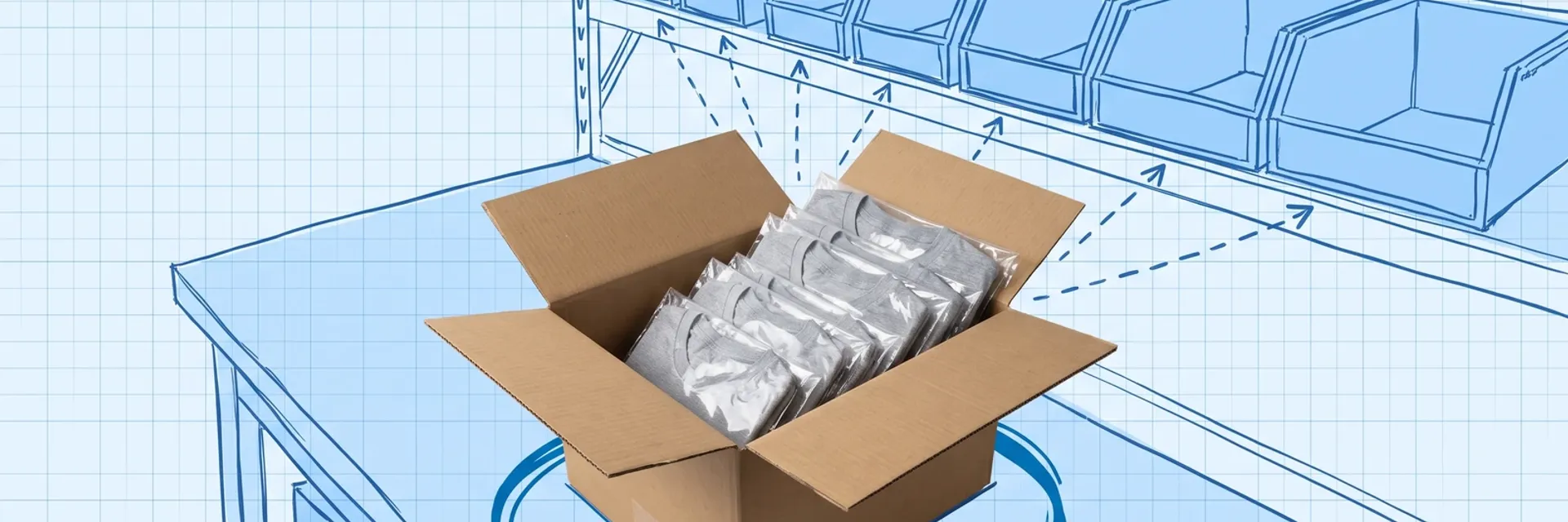Blueprint illustration of a packing table in front of a shelf of blue bins arranged from small to large, with dashed arrows running to the bins from a photographed open cardboard carton of folded shirts in clear bags, circled in dark blue
