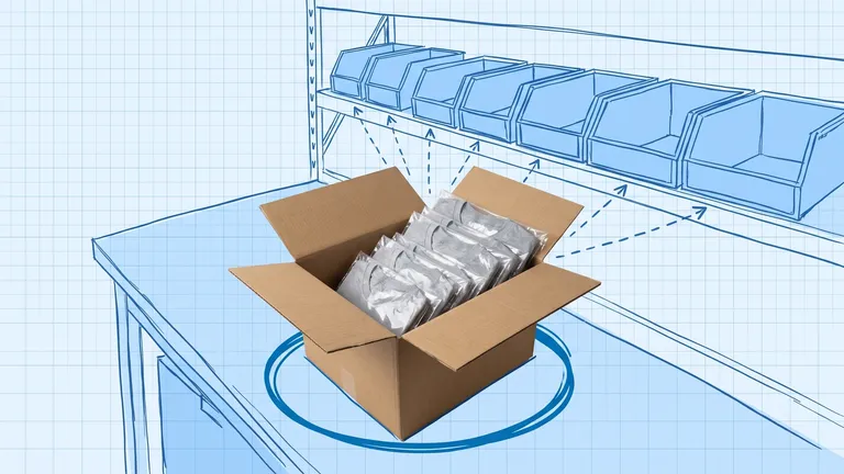 Blueprint illustration of a packing table in front of a shelf of blue bins arranged from small to large, with dashed arrows running to the bins from a photographed open cardboard carton of folded shirts in clear bags, circled in dark blue
