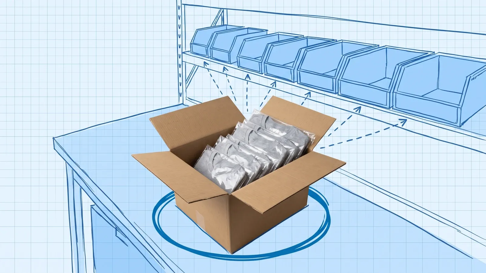 Blueprint illustration of a packing table in front of a shelf of blue bins arranged from small to large, with dashed arrows running to the bins from a photographed open cardboard carton of folded shirts in clear bags, circled in dark blue
