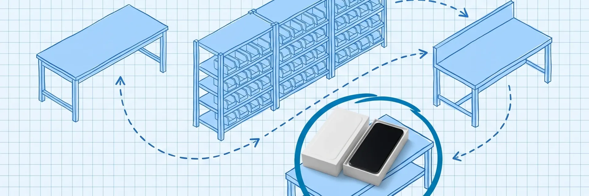 Blueprint-style illustration on pale-blue grid paper of a receiving table, a shelving unit of blue pick bins and a packing bench joined by a dashed loop of arrows; on a bench in front, a photographed white phone box with its lid set aside and a black smartphone in the tray, circled in dark blue