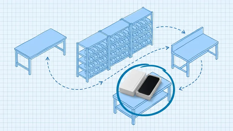 Blueprint-style illustration on pale-blue grid paper of a receiving table, a shelving unit of blue pick bins and a packing bench joined by a dashed loop of arrows; on a bench in front, a photographed white phone box with its lid set aside and a black smartphone in the tray, circled in dark blue