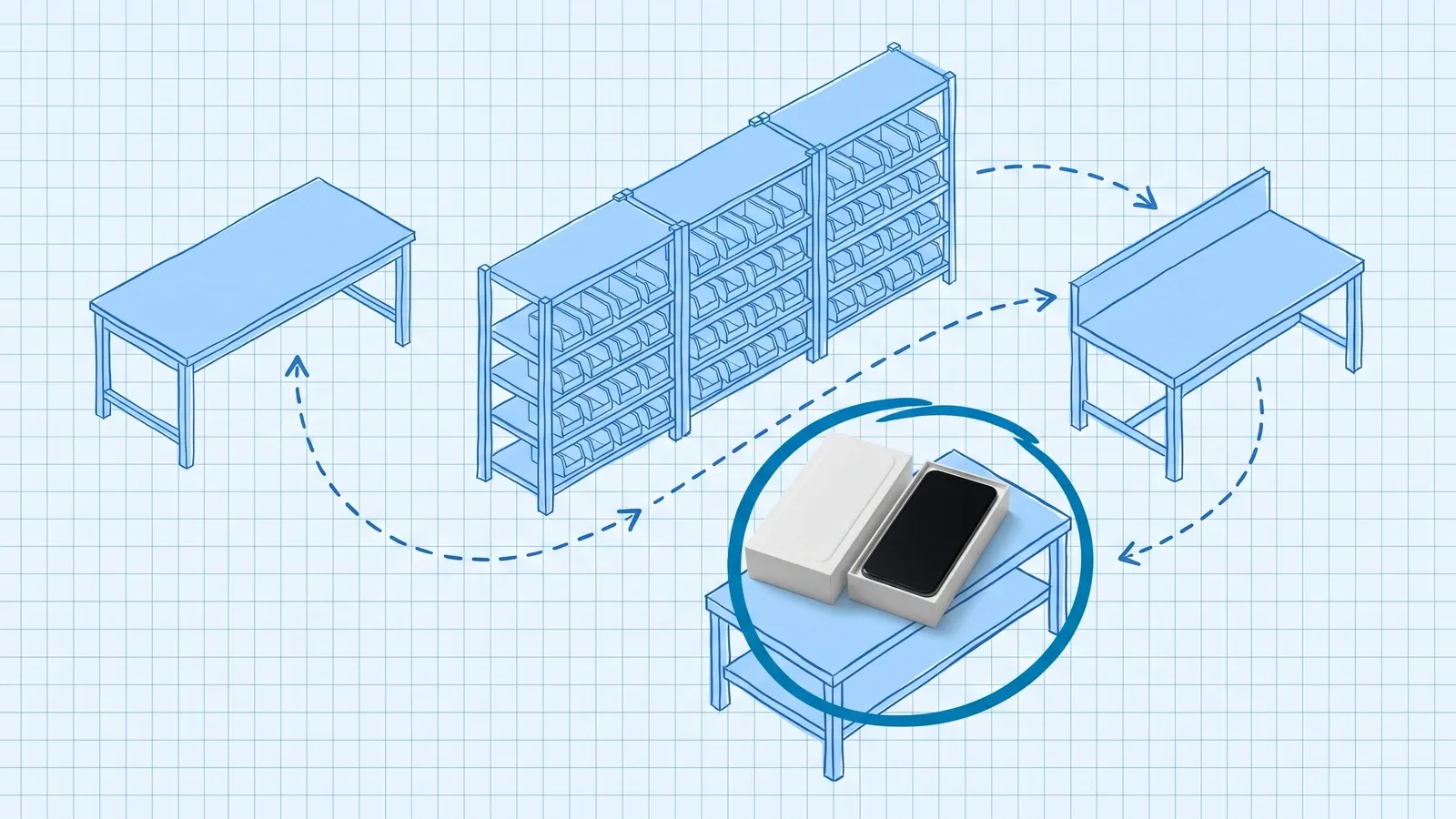 Blueprint-style illustration on pale-blue grid paper of a receiving table, a shelving unit of blue pick bins and a packing bench joined by a dashed loop of arrows; on a bench in front, a photographed white phone box with its lid set aside and a black smartphone in the tray, circled in dark blue