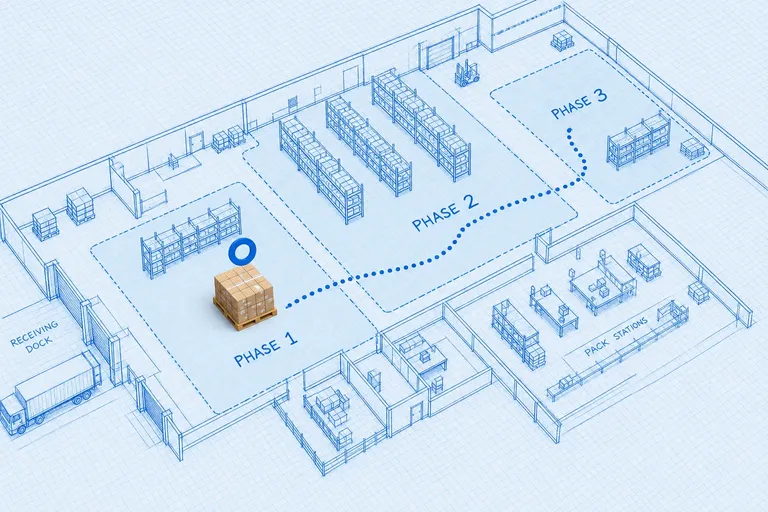 Isometric blueprint warehouse cutaway with labeled Phase 1, 2, and 3 zones and a photoreal pallet in the first rollout zone