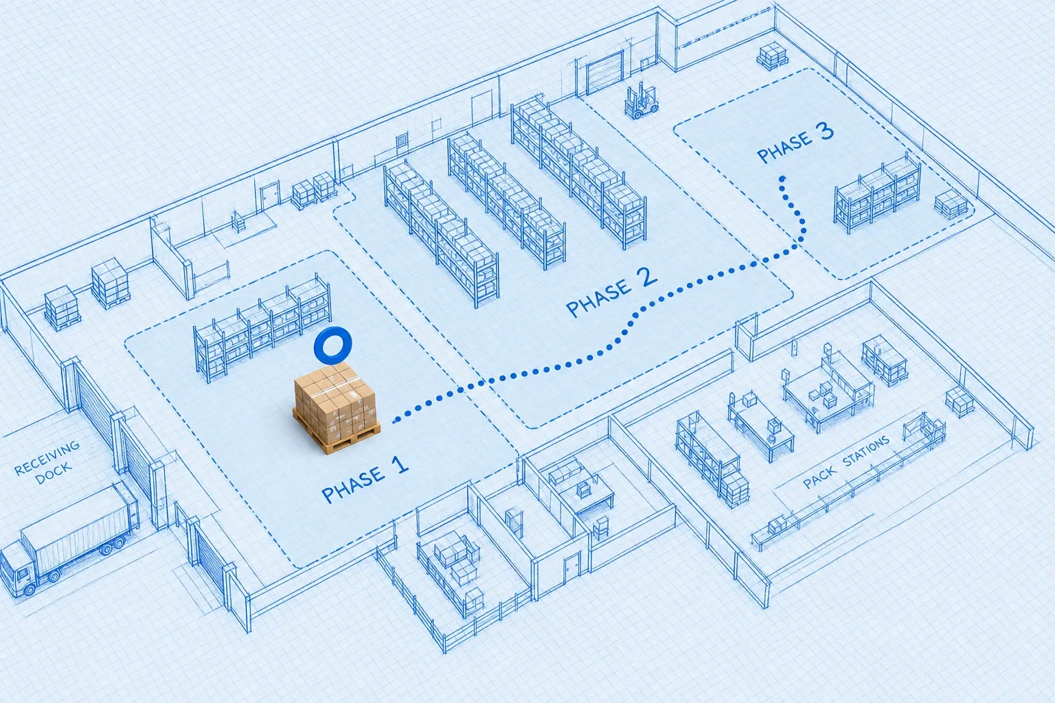 Isometric blueprint warehouse cutaway with labeled Phase 1, 2, and 3 zones and a photoreal pallet in the first rollout zone
